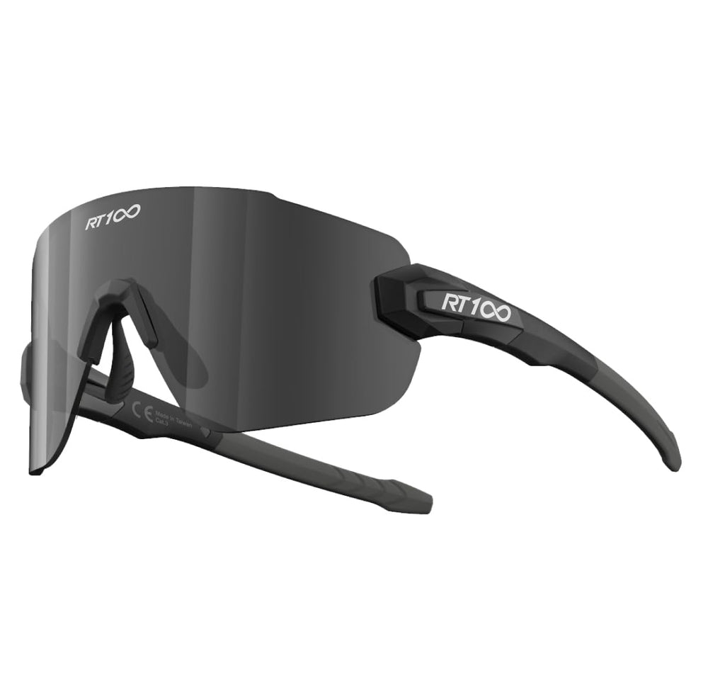 RT100 front view frameless shield showing full coverage and clear vision