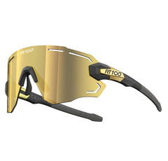 RT100 front view of frameless gold sunglasses showing sleek aerodynamic shape and clear benefit