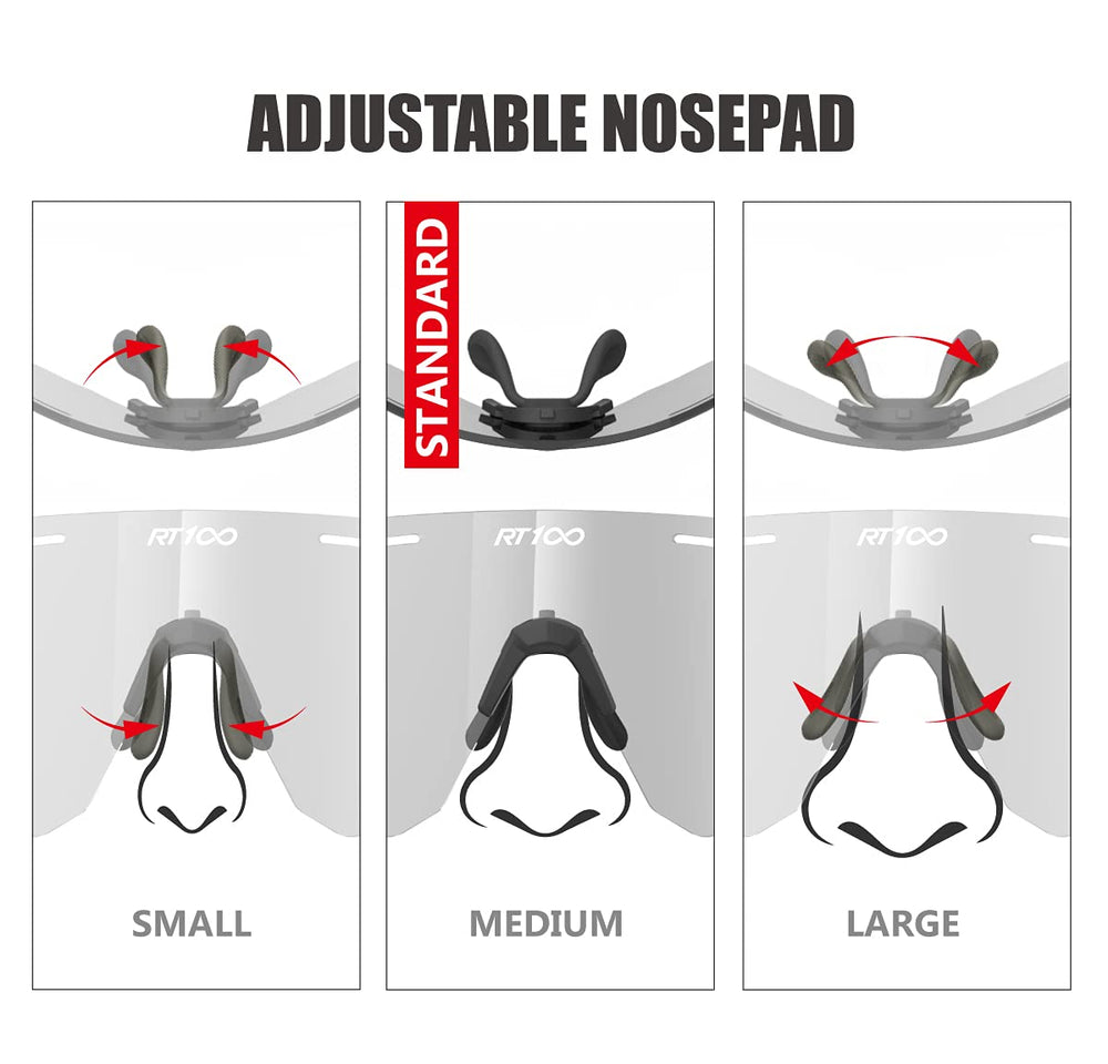 RT100 adjustable nose pad and temple support showing secure fit and personalized comfort