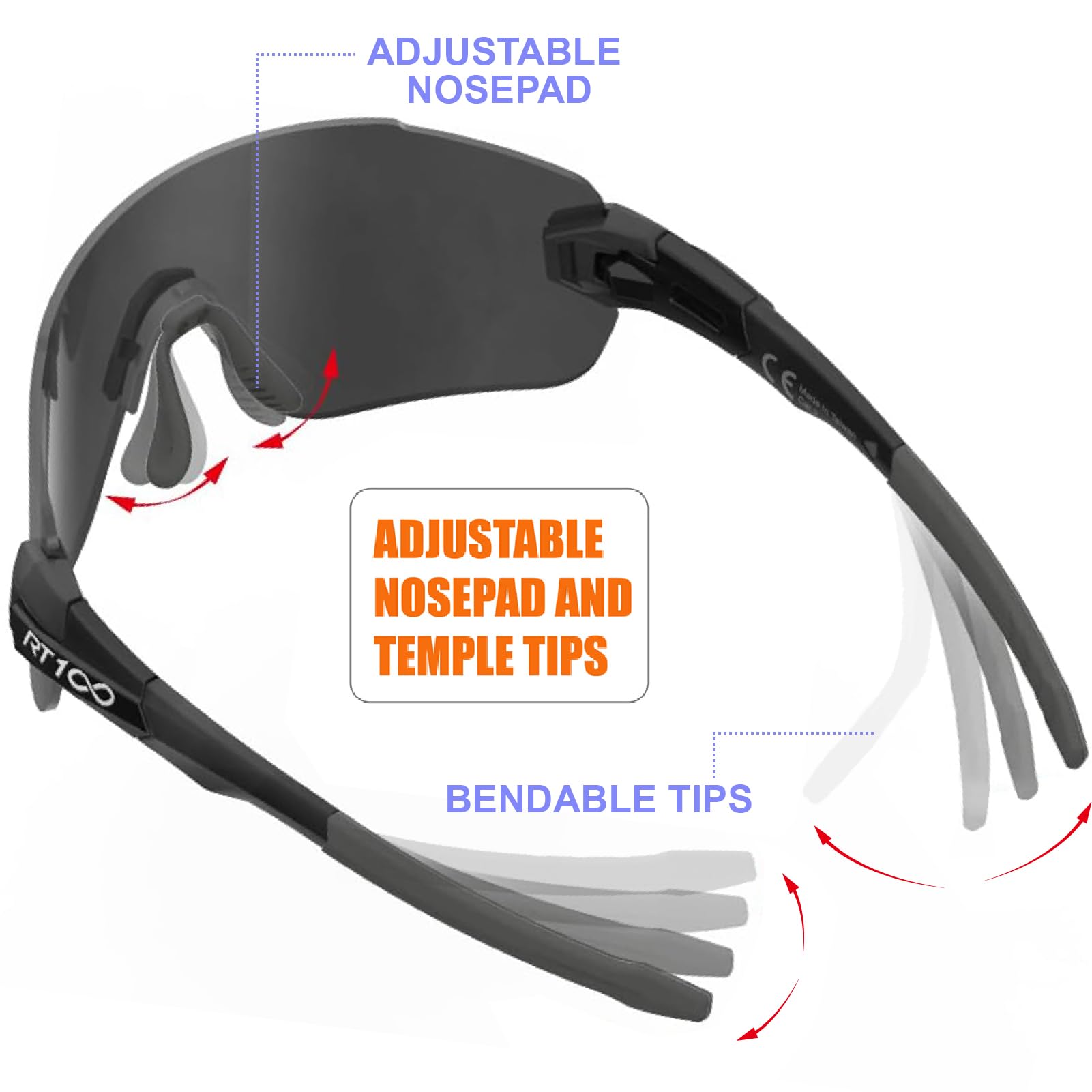 RT100 side profile with flexible TR90 arms demonstrating secure fit