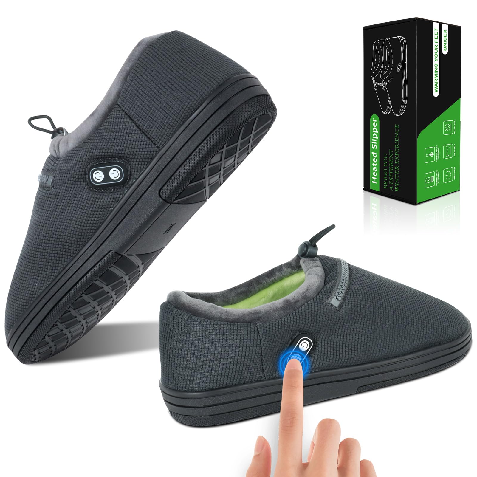 RTDEP front view of heated slippers showing plush lining and dual switches for even warmth