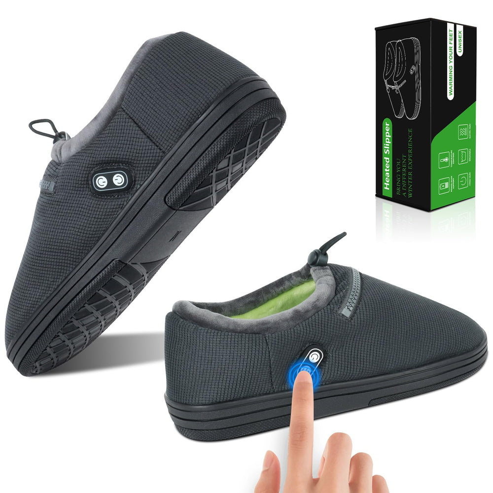 RTDEP front view of heated slippers showing plush lining and dual switches for even warmth