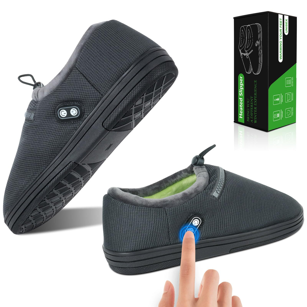 RTDEP front view of heated slippers showing plush lining and dual switches for even warmth
