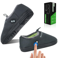 RTDEP front view of heated slippers showing plush lining and dual switches for even warmth