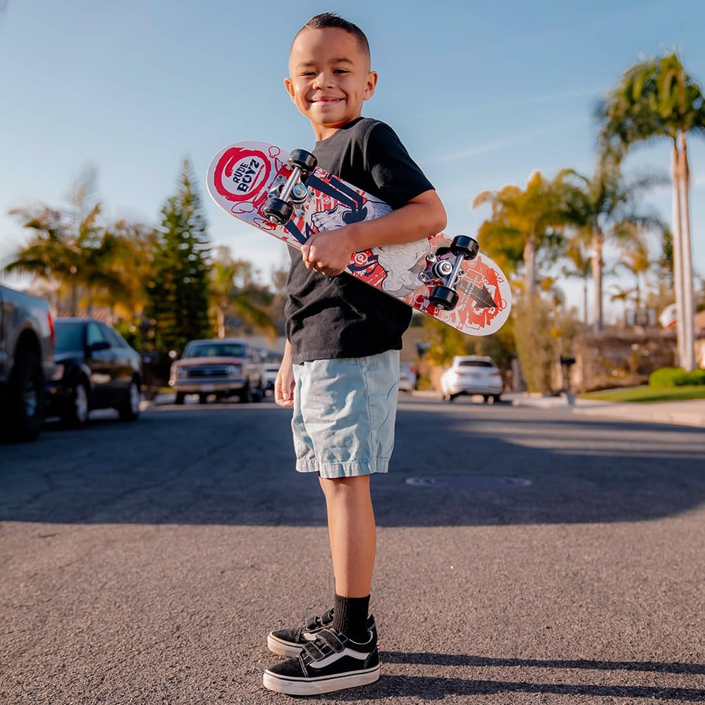 Rude Boyz deck close-up highlighting graphic and grip that appeals to kids