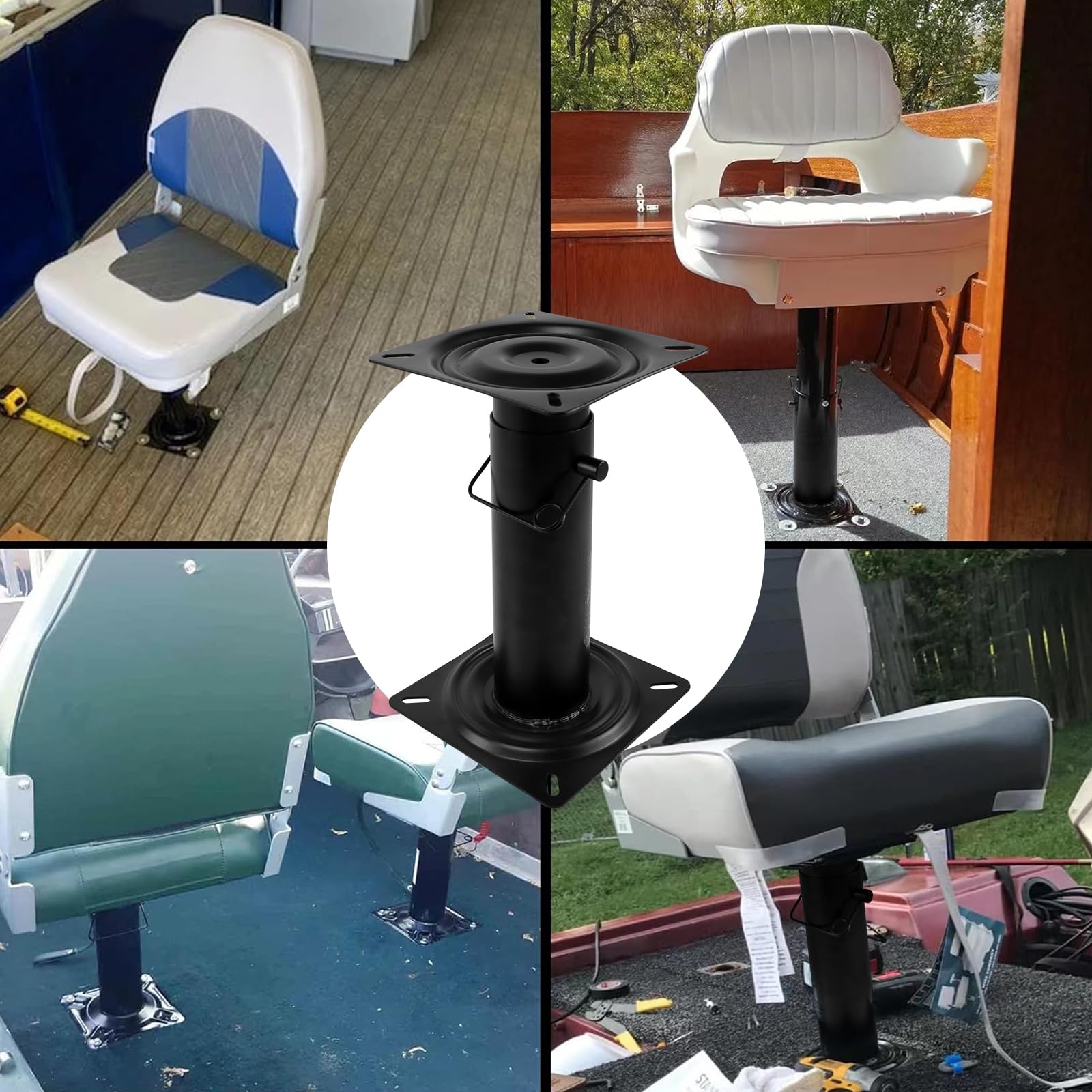 RULLINE pedestal next to tape measure showing adjustable 11.34 to 17.24 inch range