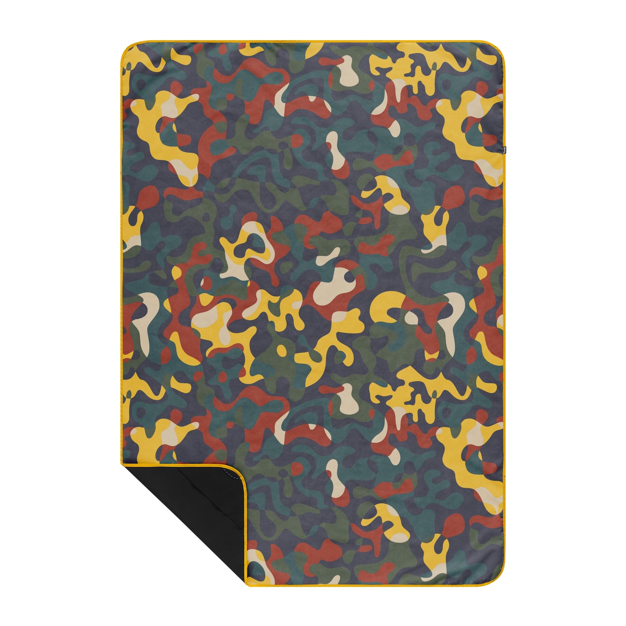 Rumpl everywhere mat front view showing full rustic abstraction print and picnic use benefit