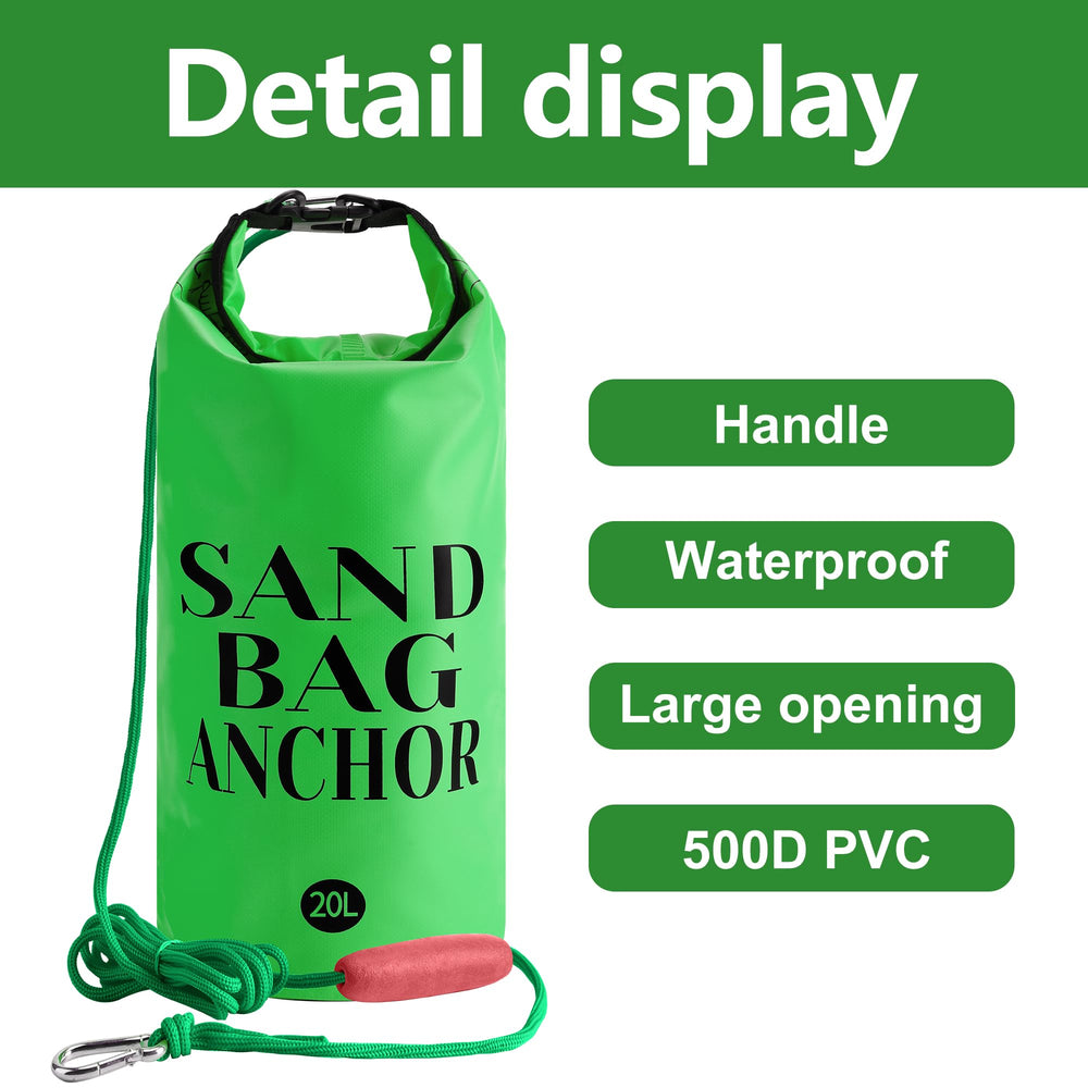 RunNico filled 20L sand bag resting on beach demonstrating stable hold for small watercraft