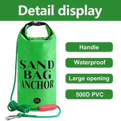 RunNico filled 20L sand bag resting on beach demonstrating stable hold for small watercraft