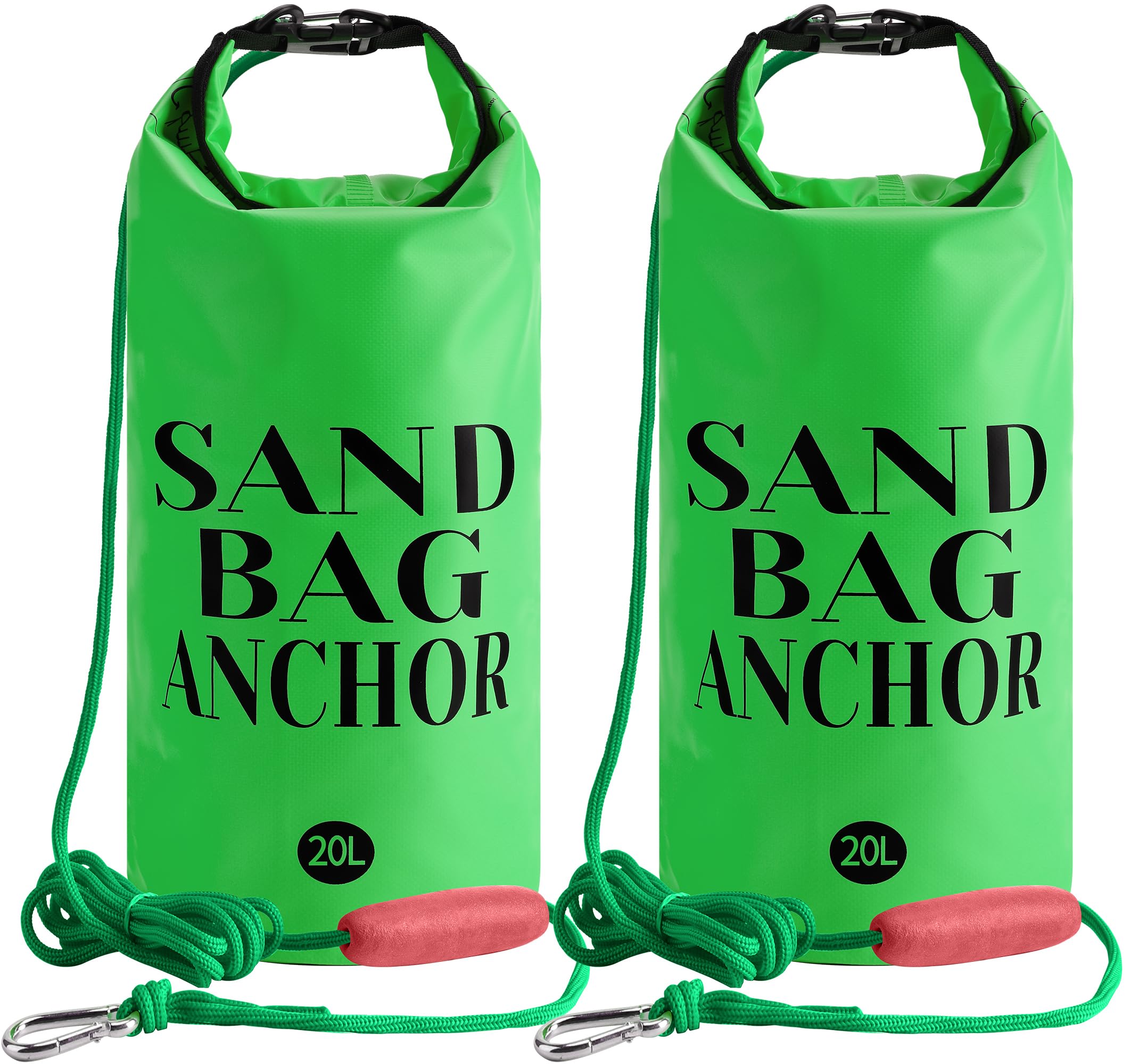 RunNico front view of two 20L sand anchors showing bright colors and hardware for easy visibility and use