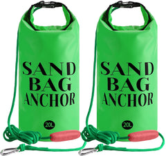 RunNico front view of two 20L sand anchors showing bright colors and hardware for easy visibility and use