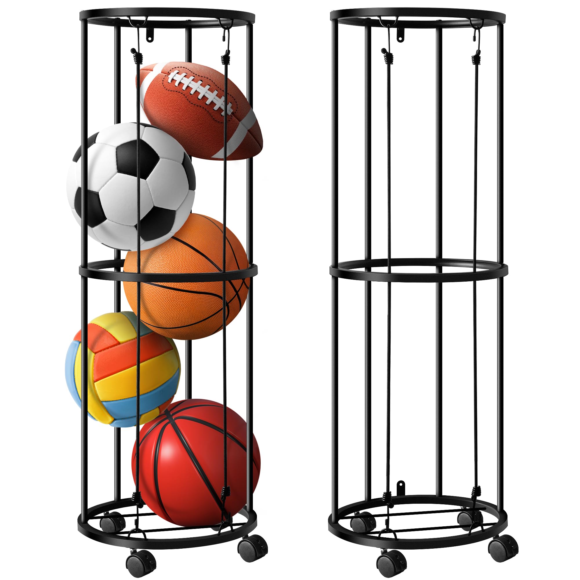 RunNico front view of vertical ball rack showing compact organization benefit