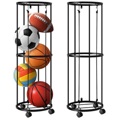RunNico front view of vertical ball rack showing compact organization benefit