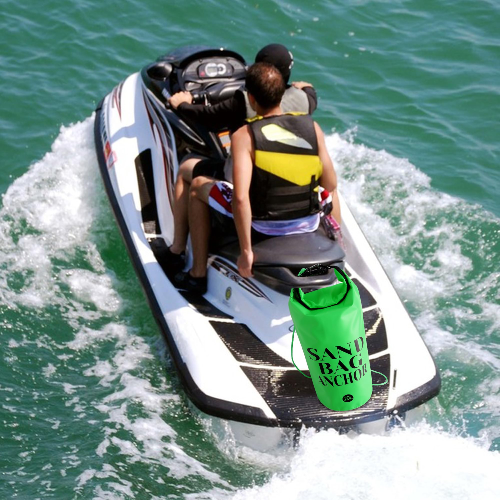 RunNico 20L bag beside boat rail for scale showing how it fits PWC and small craft compartments