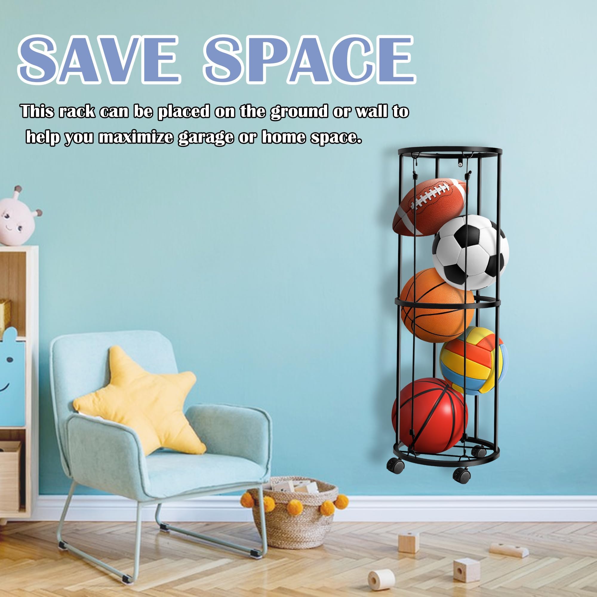 RunNico size comparison with basketball showing space-saving vertical benefit