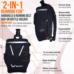 Runtasty holster sliding onto a waist belt for hands-free hydration on runs