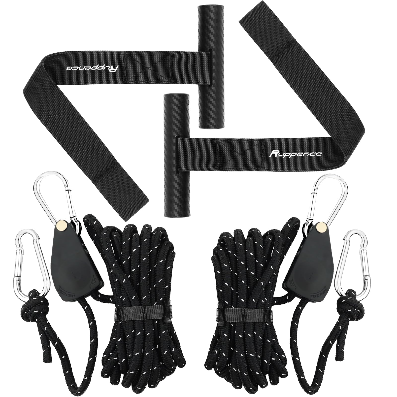 Ruppence front view of 2-pack kayak straps showing complete kit and benefit of strong load security