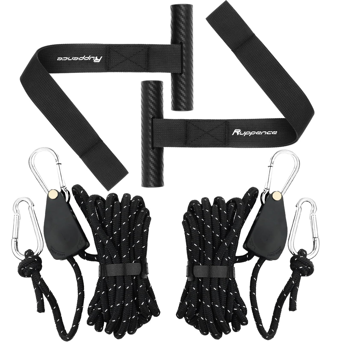 Ruppence front view of 2-pack kayak straps showing complete kit and benefit of strong load security