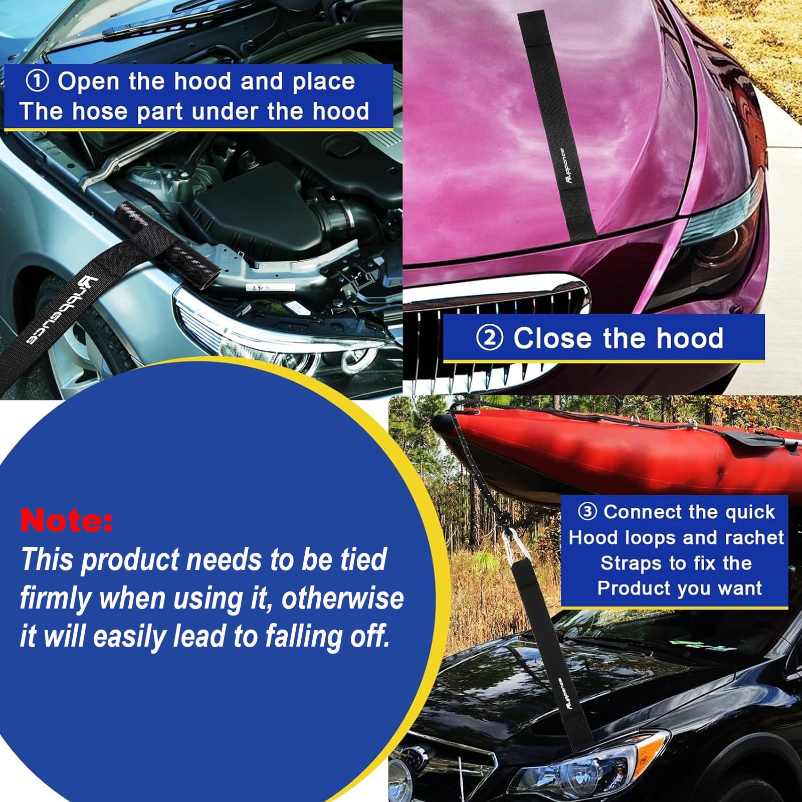 Ruppence straps securing kayak to roof rack illustrating stability during transport