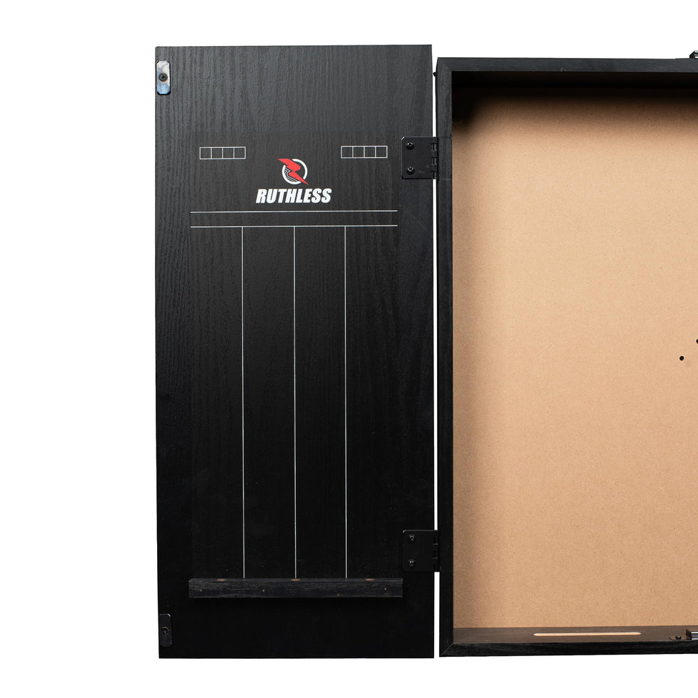 RUTHLESS cabinet with dartboard for scale illustrating compact footprint and fit