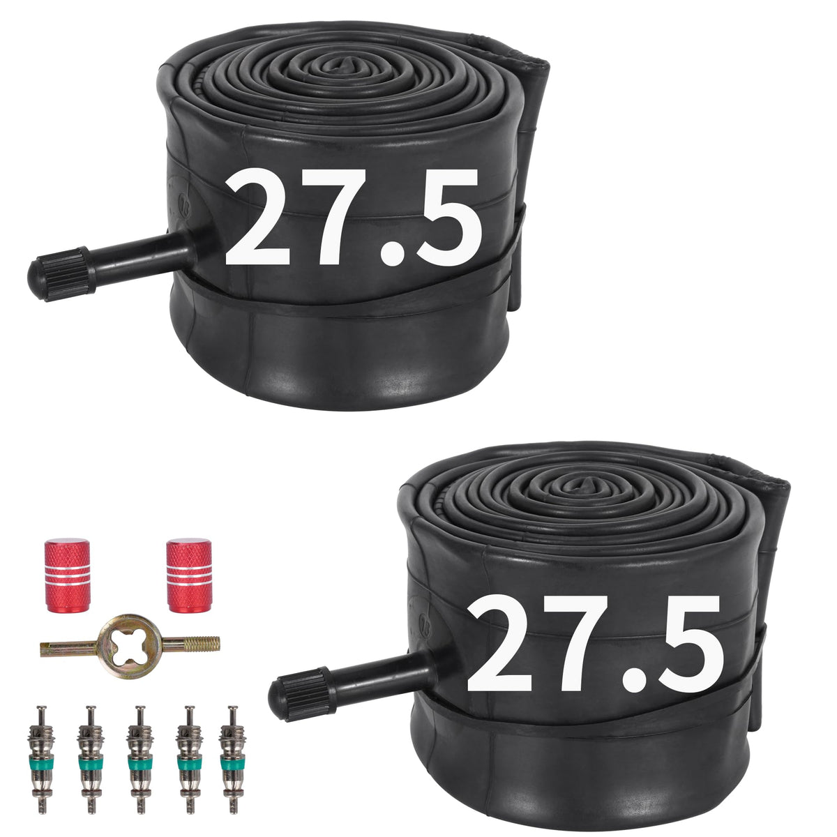 RUTU front packaging showing two 27.5" tubes and included accessories for quick replacement