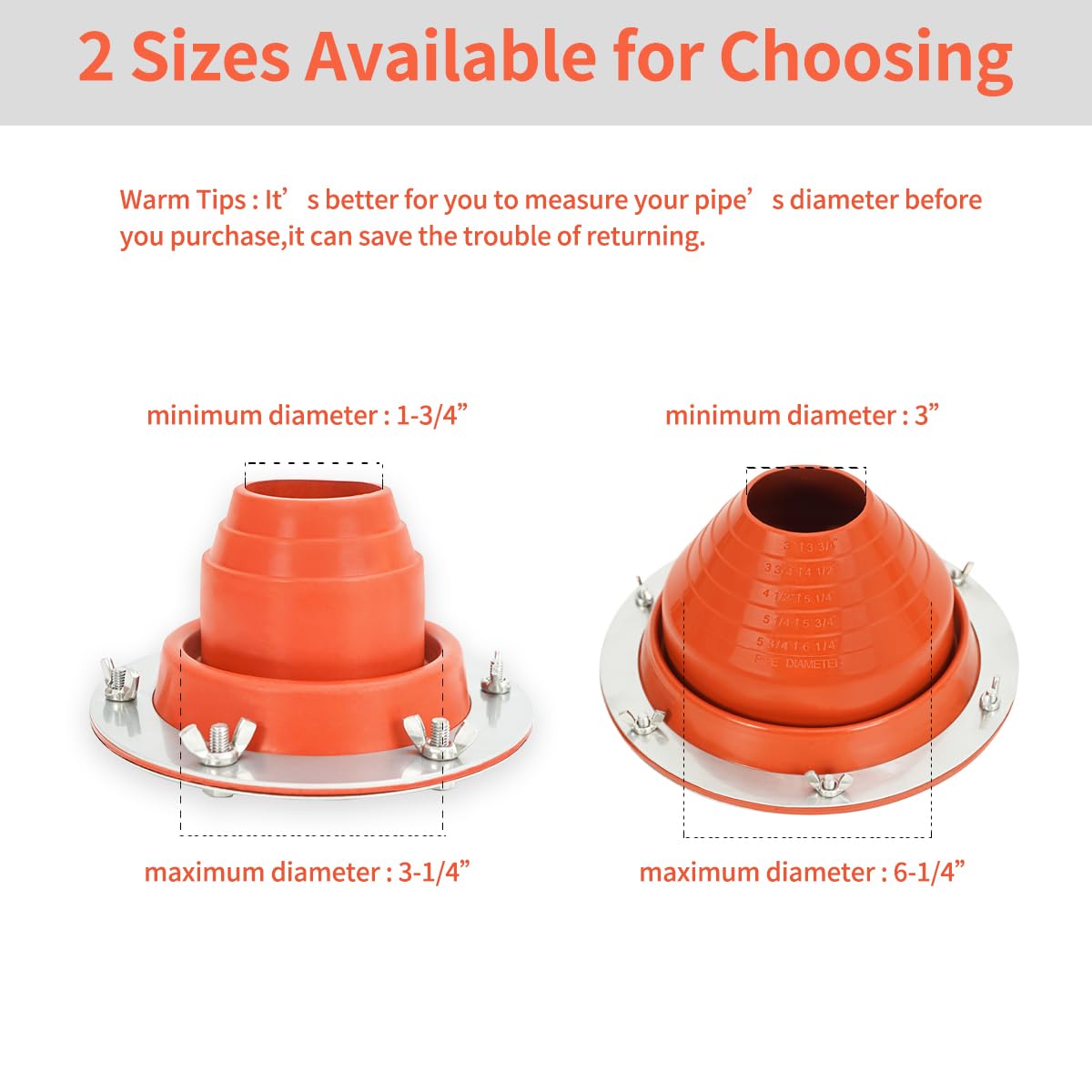 RXQNN size comparison next to ruler showing fit range 3" to 6-1/4" pipe