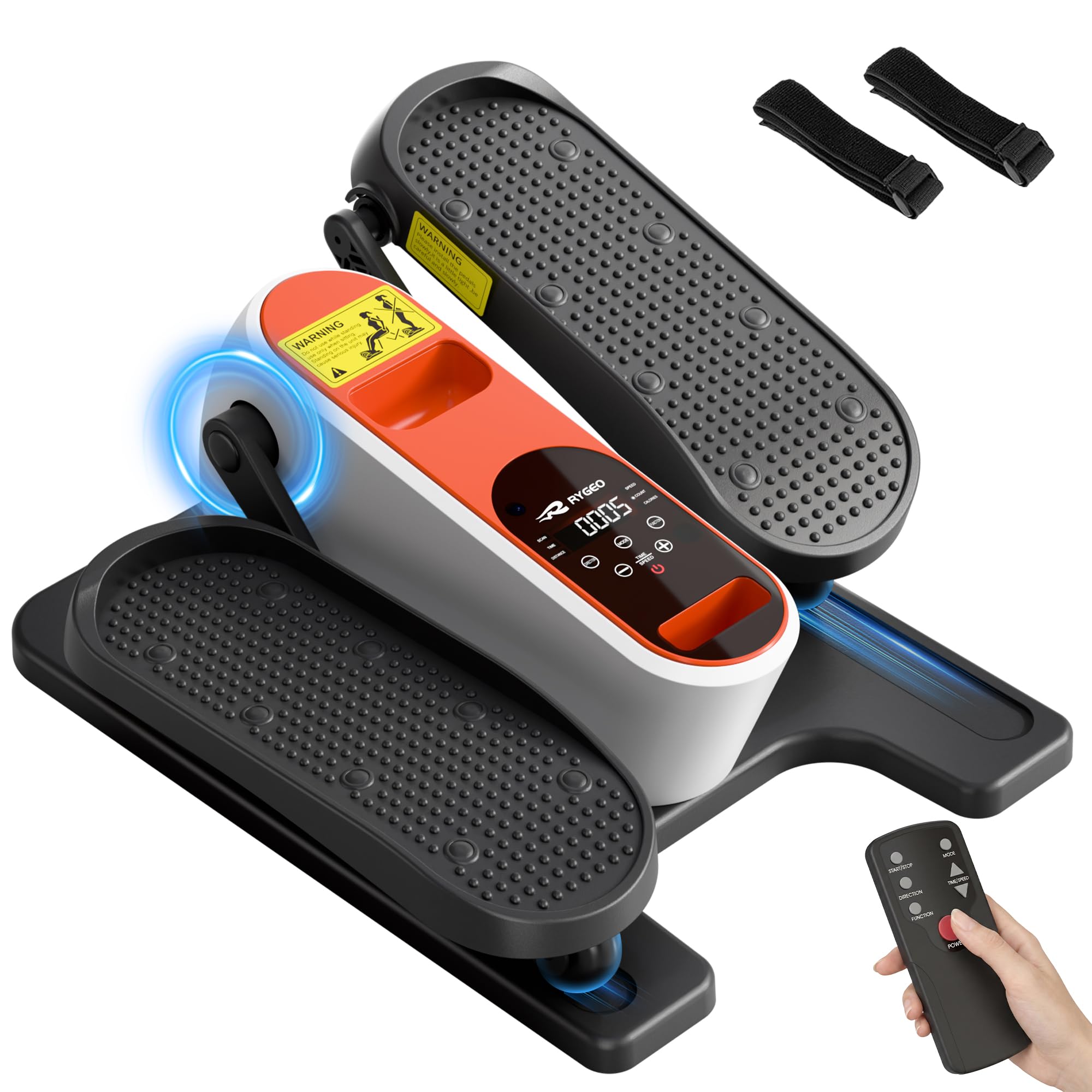 RYGEO front view of under desk elliptical showing compact design and stability