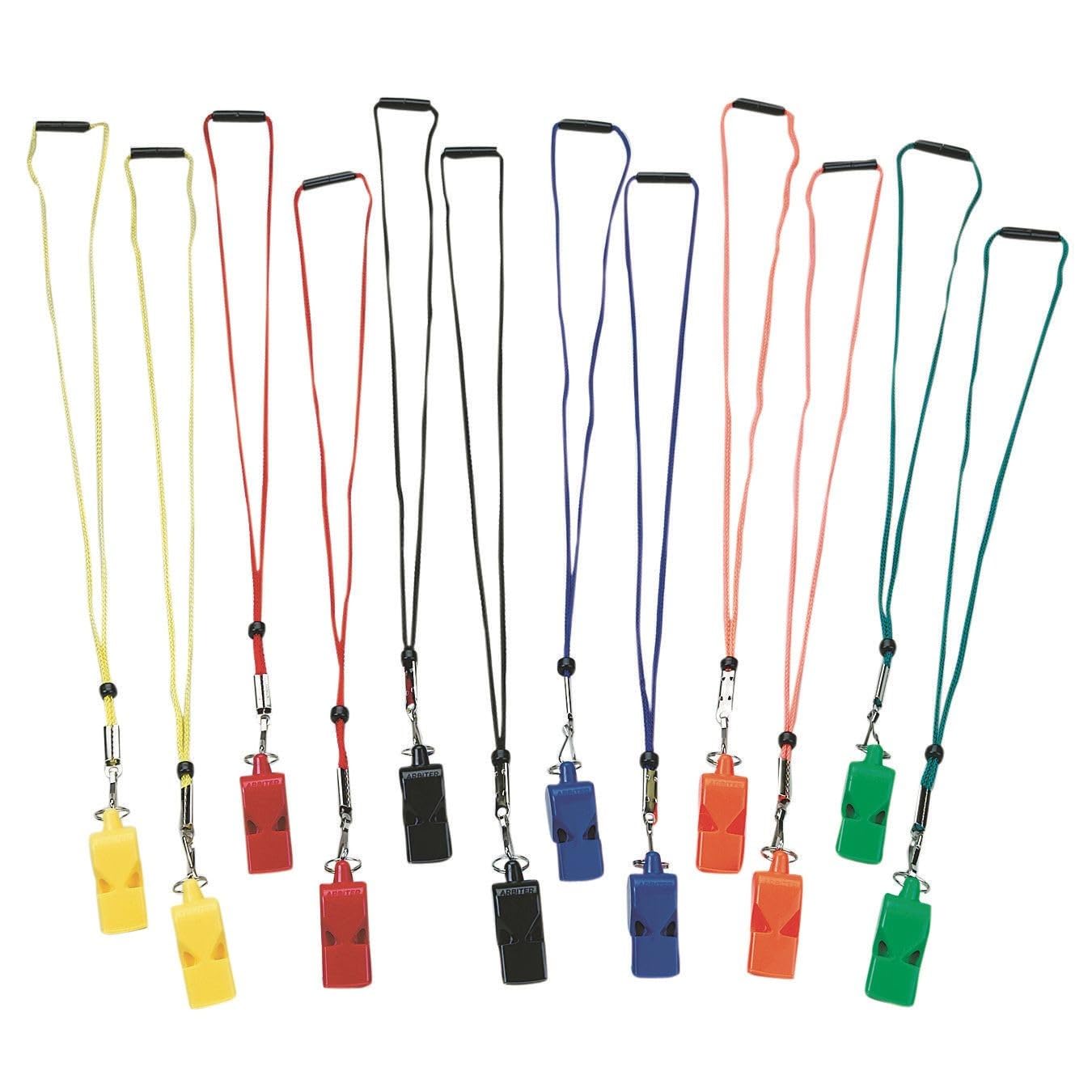 S&S Worldwide front view of 12-pack whistles showing colors and lanyards for quick distribution