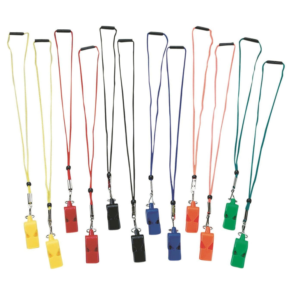 S&S Worldwide front view of 12-pack whistles showing colors and lanyards for quick distribution