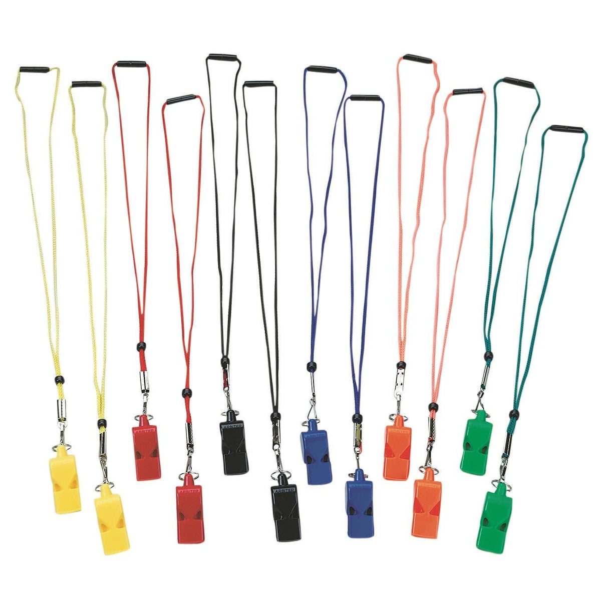 S&S Worldwide front view of 12-pack whistles showing colors and lanyards for quick distribution