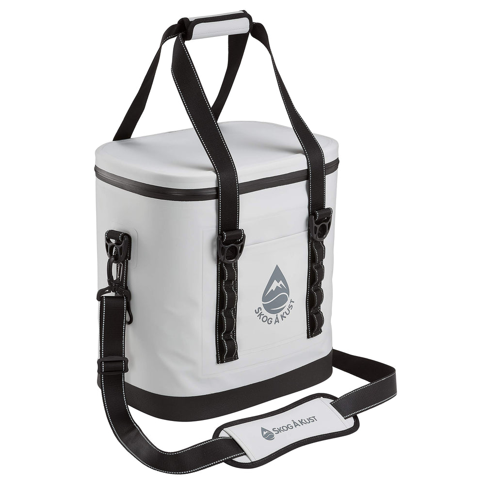 Såk Gear front view of cooler bag showing compact light grey design and portability benefit