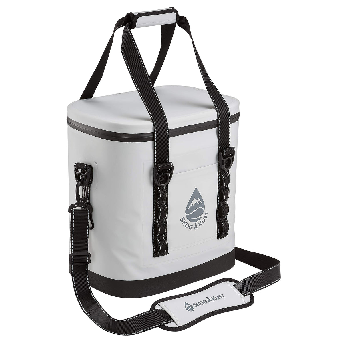 Såk Gear front view of cooler bag showing compact light grey design and portability benefit