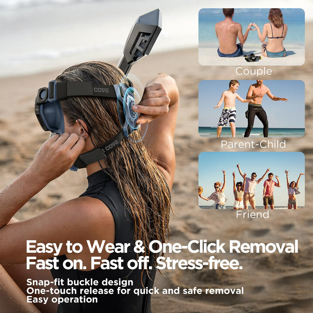 SABRE COVE mask in use at the beach showing natural breathing and easy equalization benefit