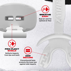 SAFEJAWZ detailed view of Bite-Shock plate showing force-absorption benefit