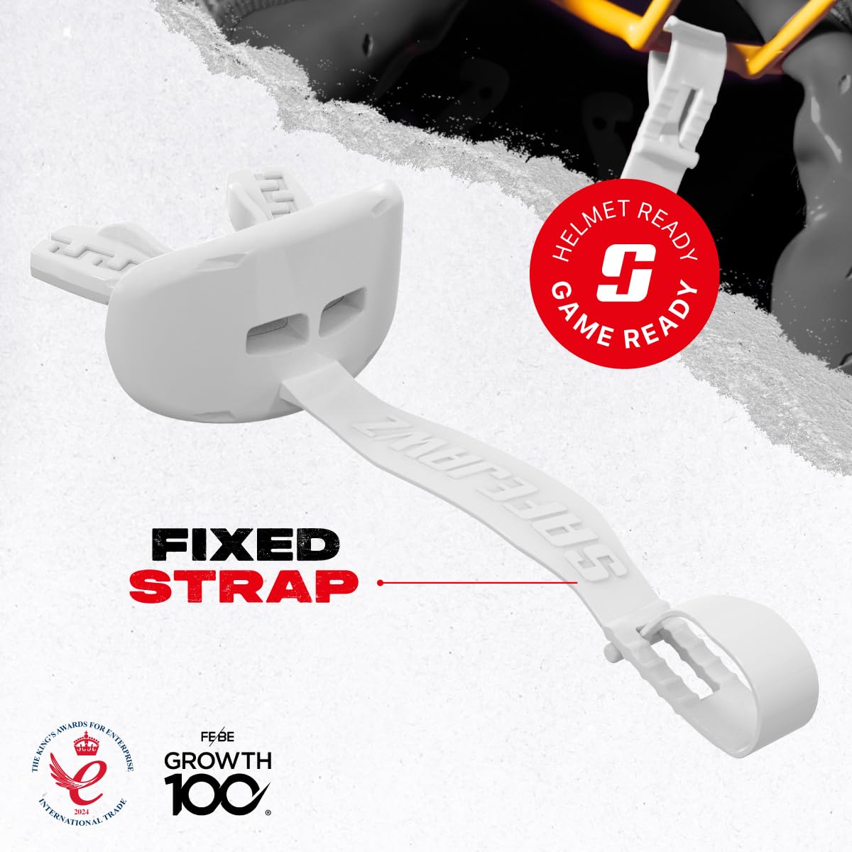SAFEJAWZ connected strap clipped to helmet showing secure on-helmet storage