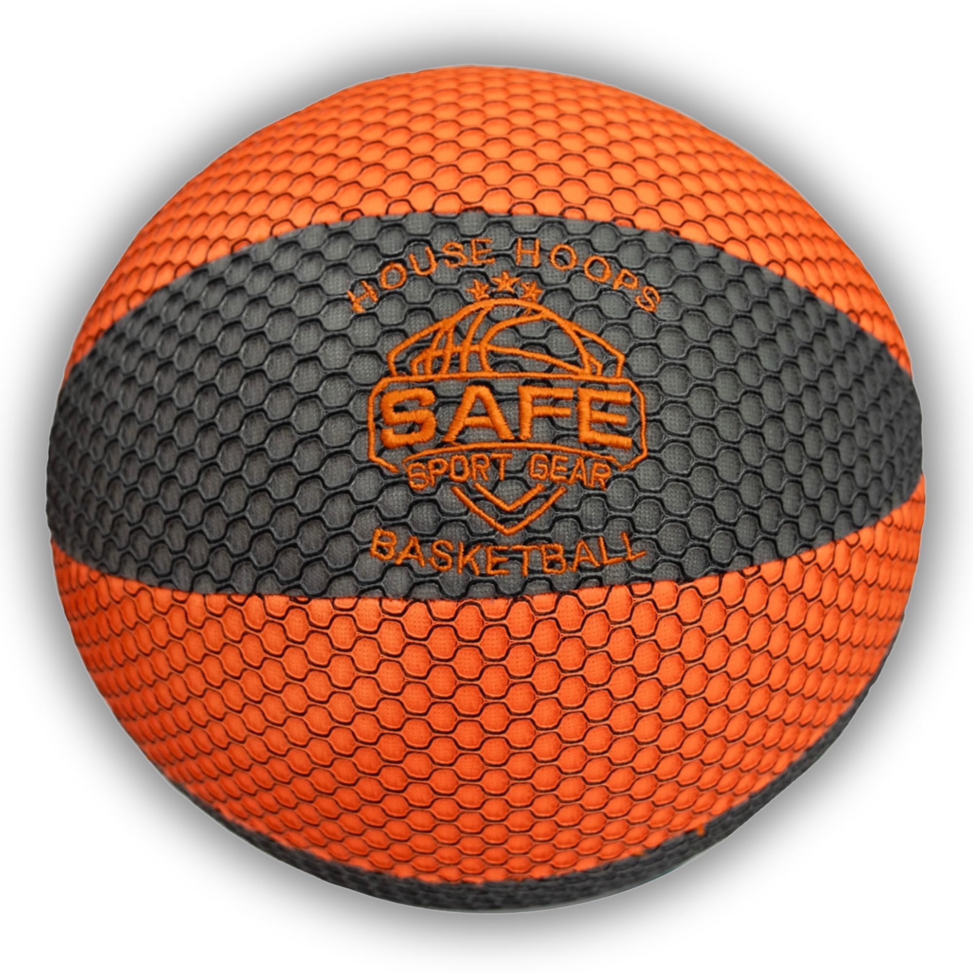 Safe Sport Gear front view of HouseHoops soft basketball showing panels and logo benefit: clear branding