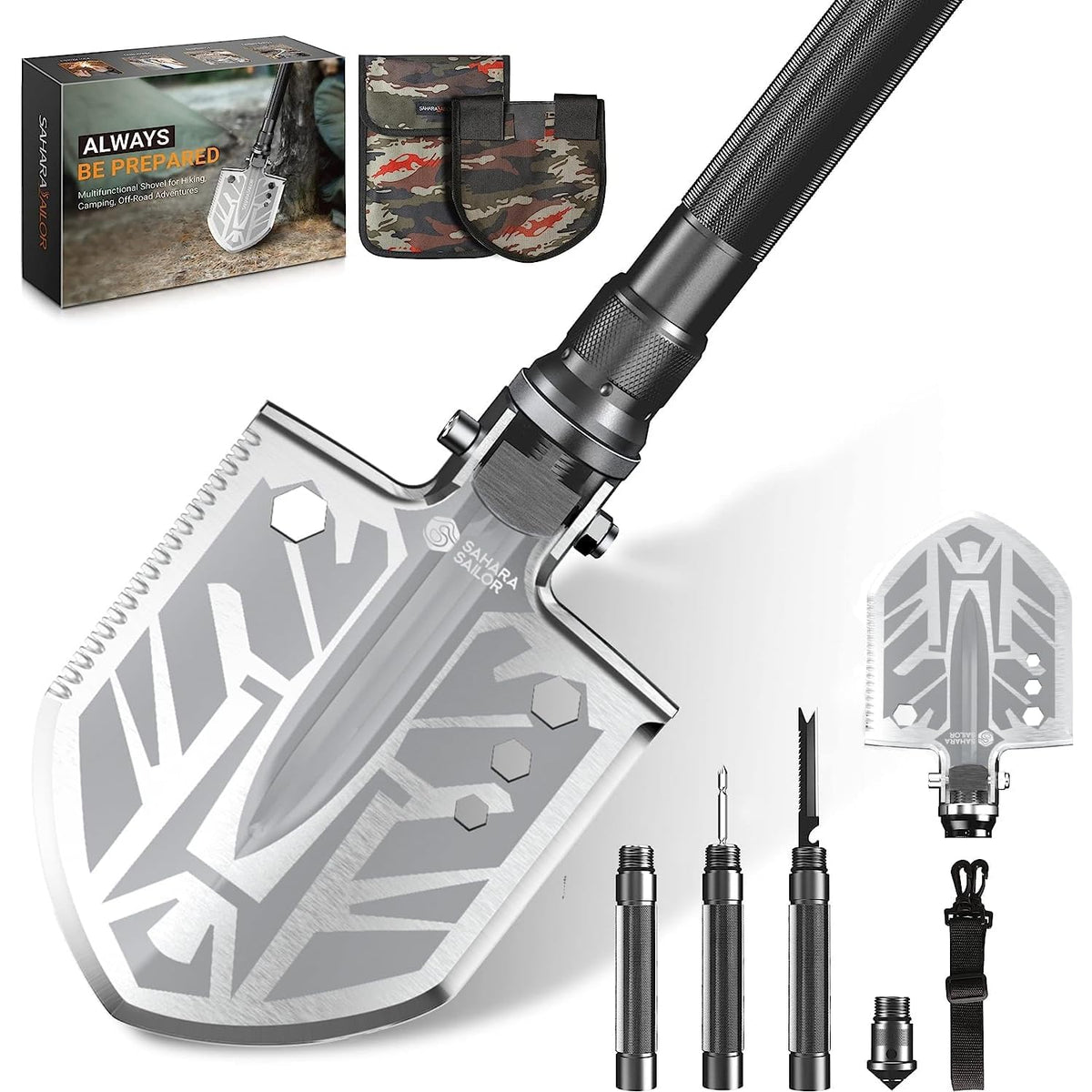 Sahara Sailor folded shovel front view showing compact portability and organized bag
