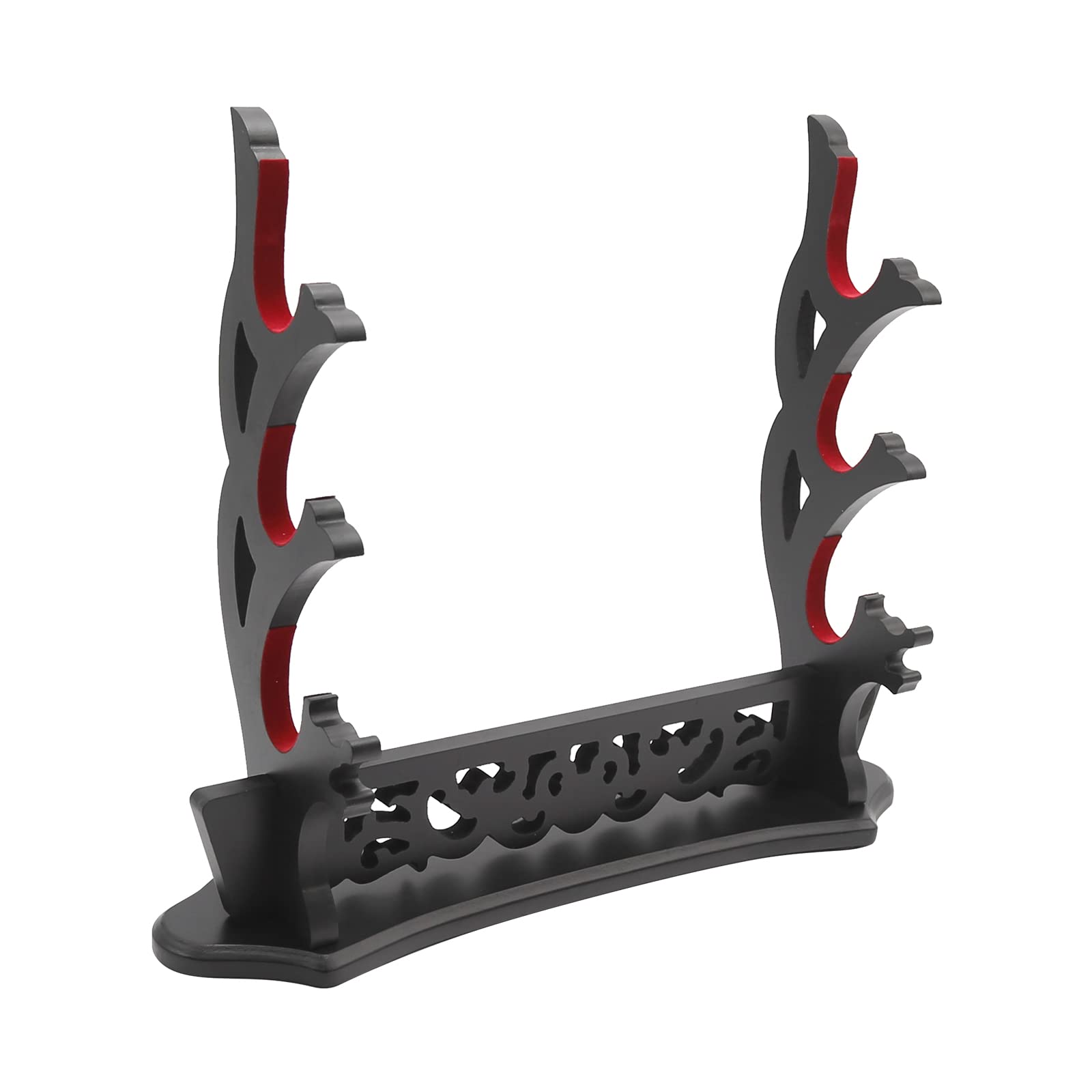 Saihisday front view of three-tier black lacquer stand showing elegant display benefit