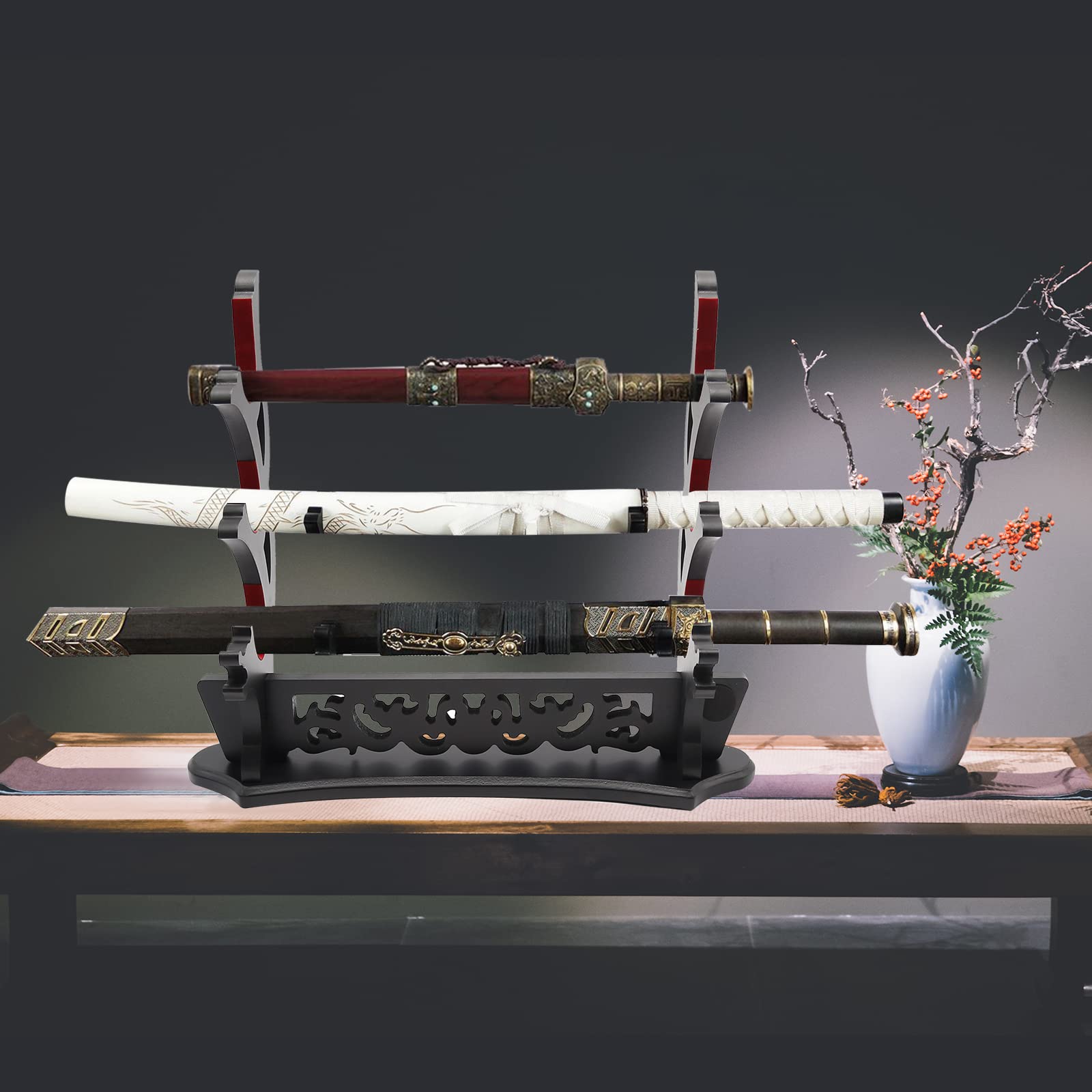 Saihisday stand holding katana wakizashi and tanto to showcase multi-sword display benefit