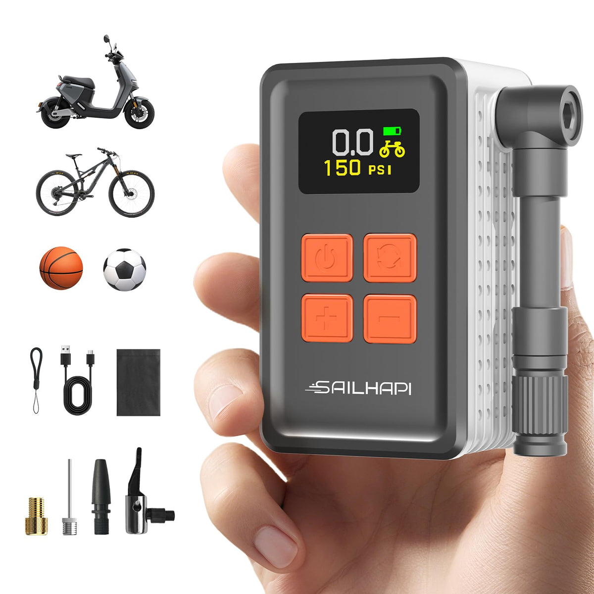 SAILHAPI front view showing compact pump and built-in gauge, portable convenience