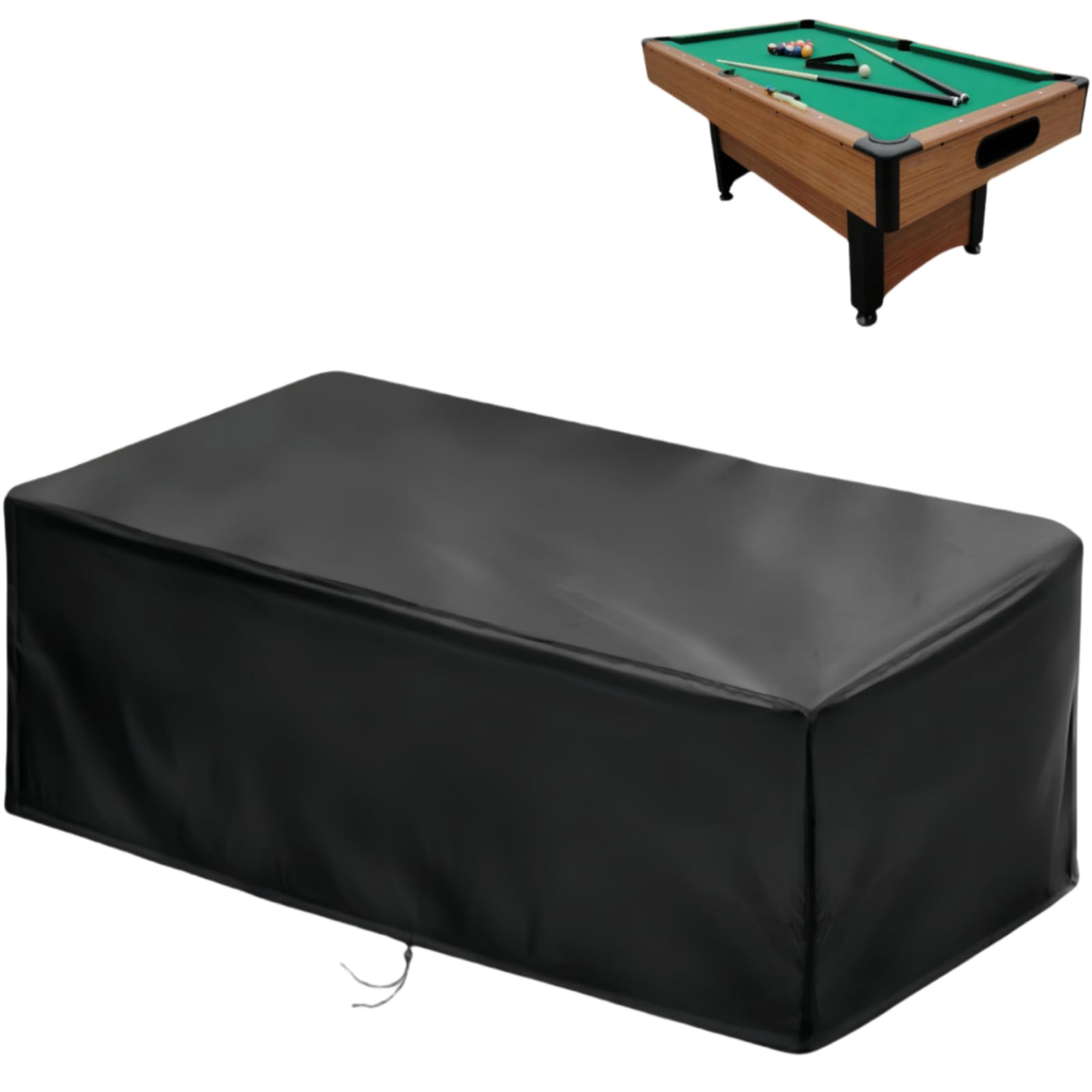 Saking front view of covered pool table showing full-length protection and clean look