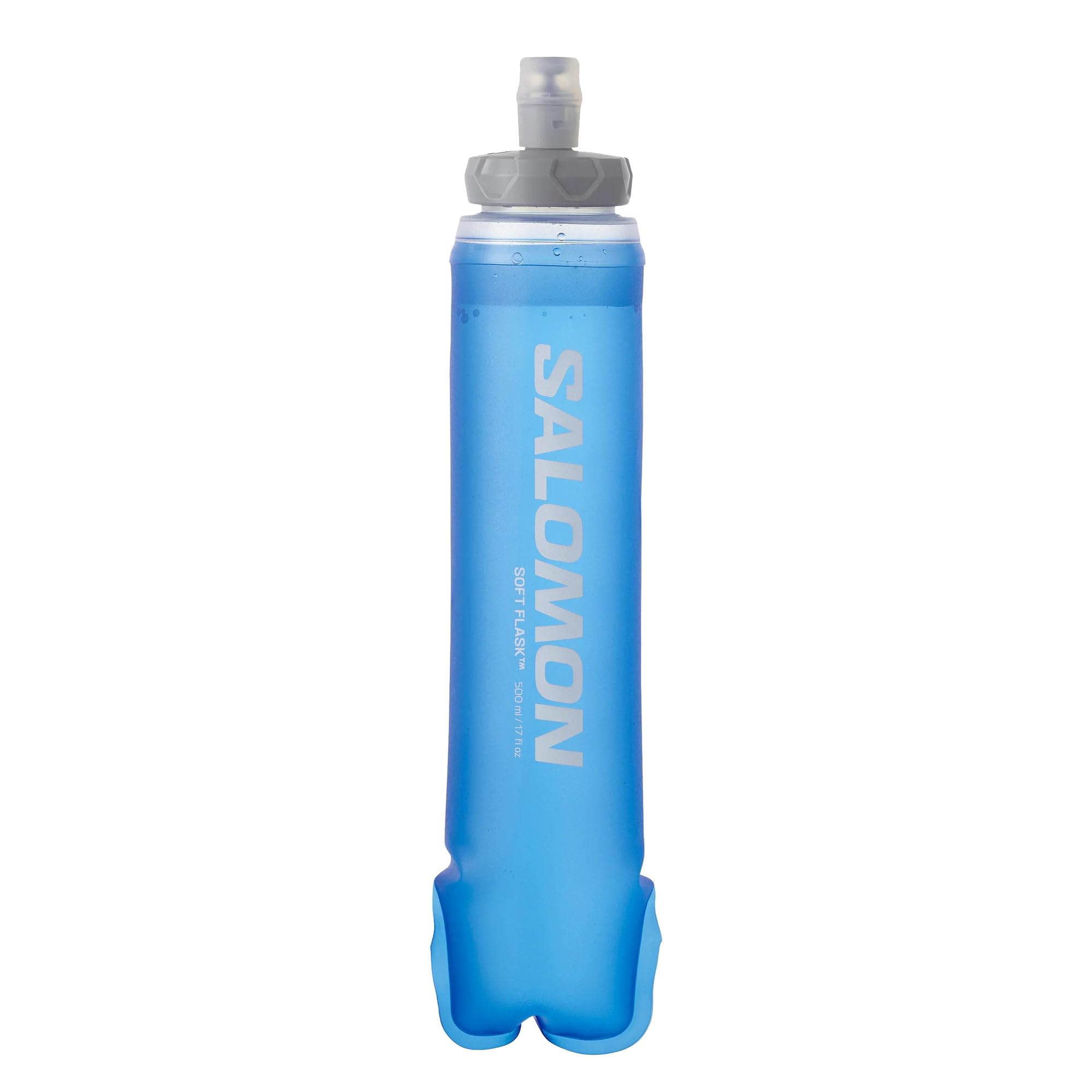 Salomon soft flask front view showing clear blue reservoir and compact shape for easy carrying