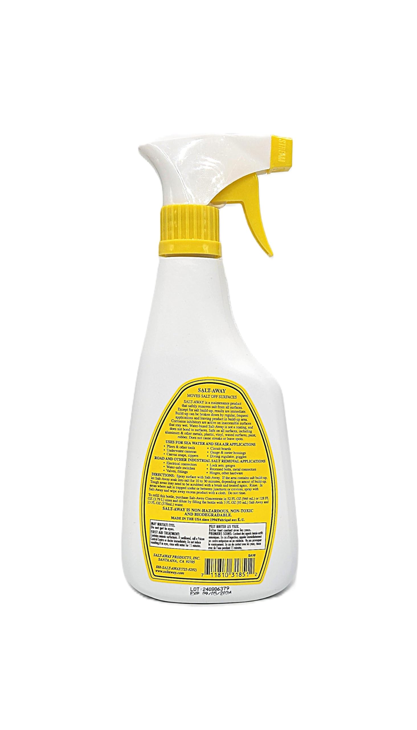 Salt-Away spray in use on boat fitting demonstrating fast salt removal