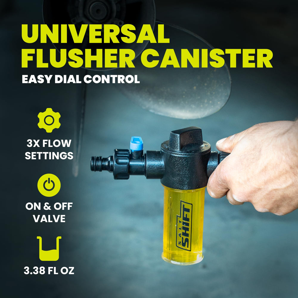 Salt Shift flusher installed on an outboard demonstrating mess-free maintenance benefit