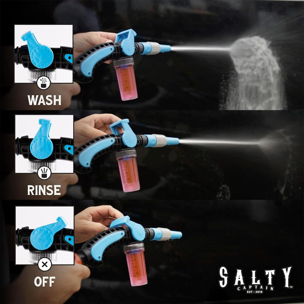 SALTY CAPTAIN pouring Engine Flush into hose adapter for a simple flush