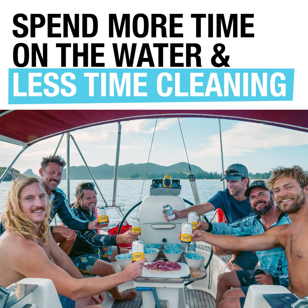Salty Captain lifestyle shot at a marina conveying clean boat confidence