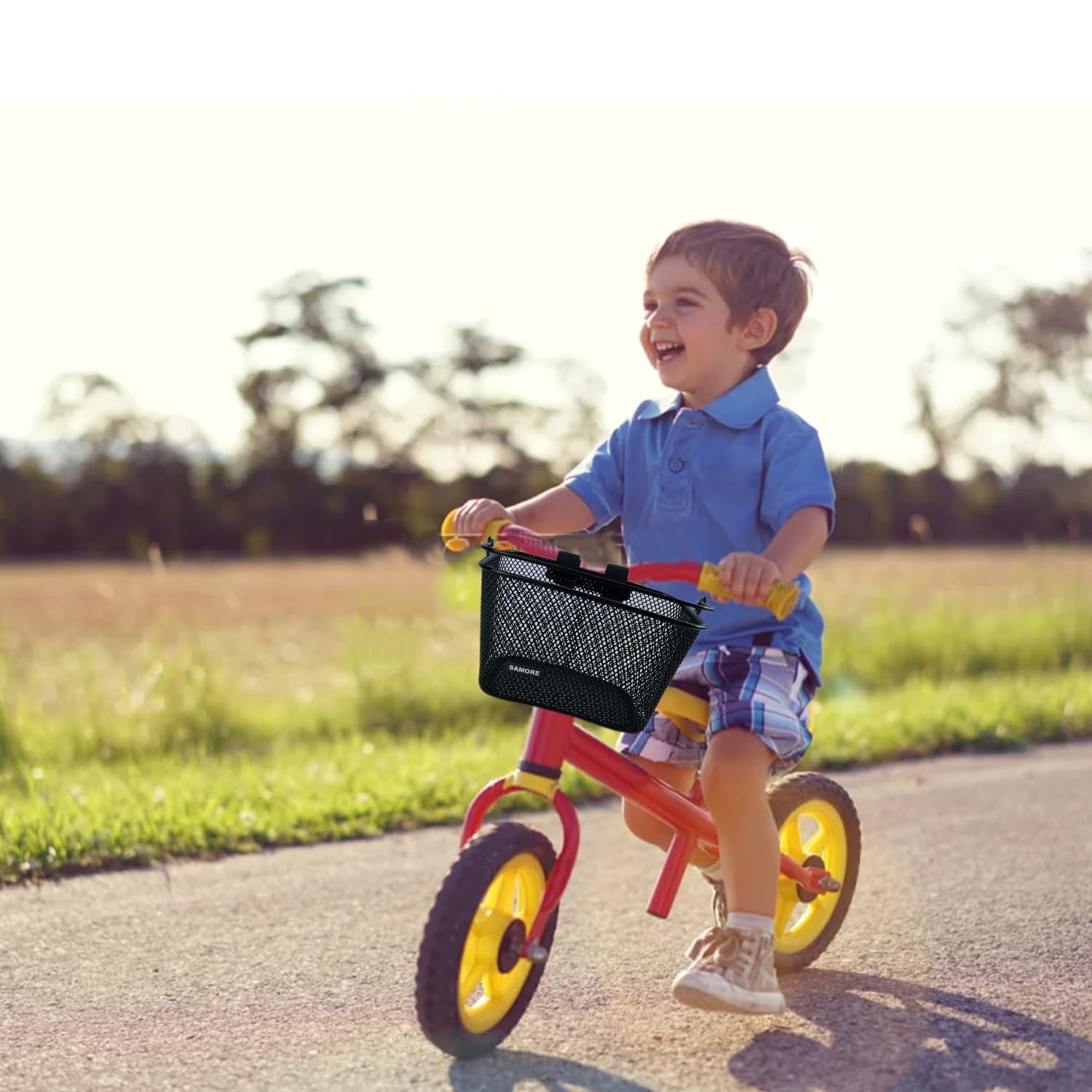 SAMORE basket on child’s bike during park ride showing outdoor-fun benefit