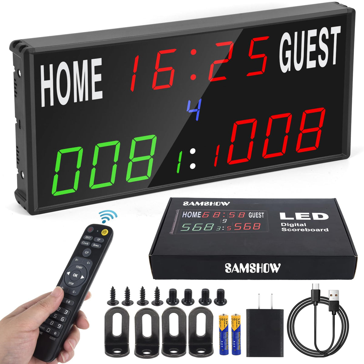 Samshow scoreboard front view showing clear red and green digits and compact design