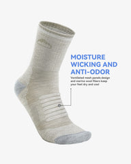 SAMSOX socks worn with hiking boots showing 3/4 crew height and ankle protection