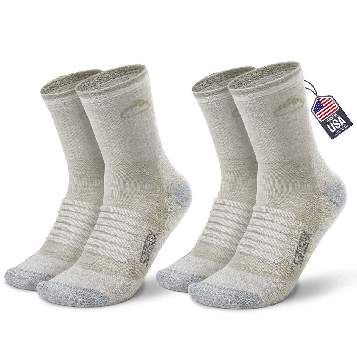 SAMSOX front view of oatmeal two-pack showing made-in-USA label and soft appearance